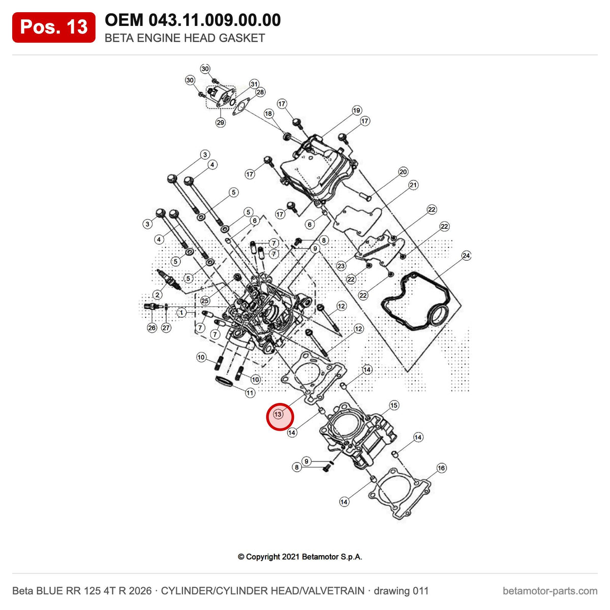 BETA ENGINE HEAD GASKET – OEM 043.11.009.00.00, position 13 on the Beta BLUE RR 125 4T R 2026 cylinder/cylinder head/valvetrain drawing