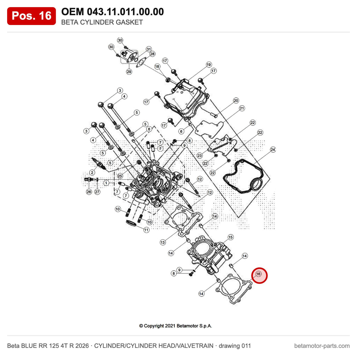 BETA CYLINDER GASKET – OEM 043.11.011.00.00, position 16 on the Beta BLUE RR 125 4T R 2026 cylinder/cylinder head/valvetrain drawing