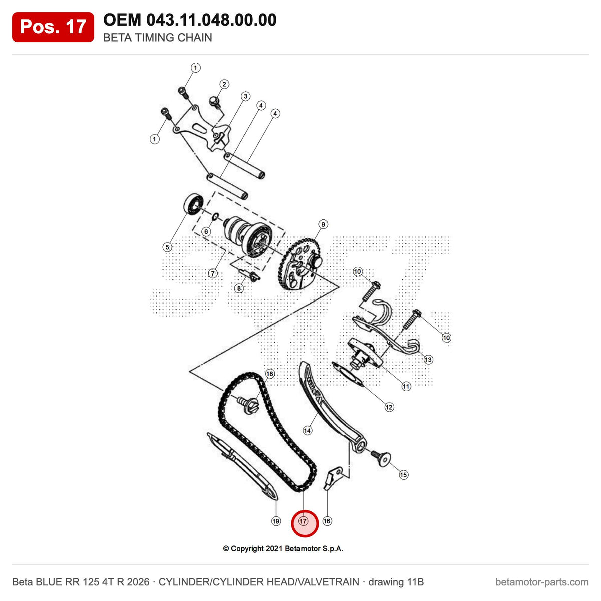 BETA TIMING CHAIN – OEM 043.11.048.00.00, position 17 on the Beta BLUE RR 125 4T R 2026 cylinder/cylinder head/valvetrain drawing
