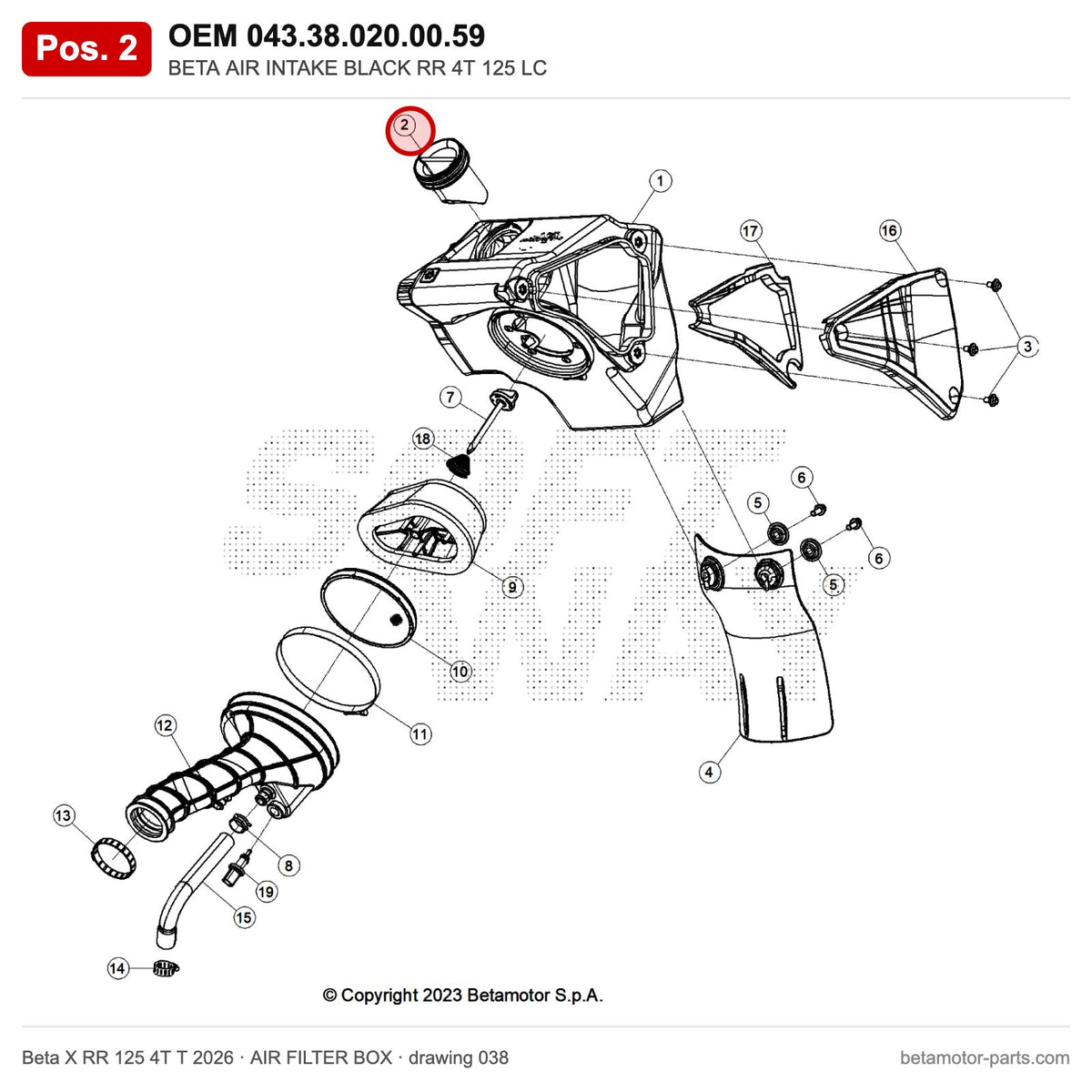 BETA AIR INTAKE BLACK RR 4T 125 LC – OEM 043.38.020.00.59, position 2 on the Beta X RR 125 4T T 2026 air filter box drawing