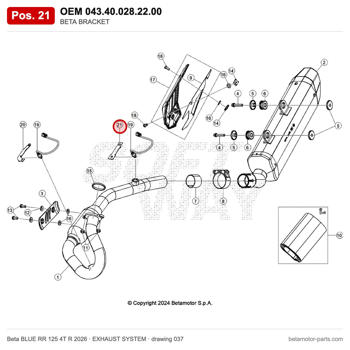 BETA BRACKET_1 – OEM 043.40.028.22.00, position 21 on the Beta BLUE RR 125 4T R 2026 exhaust system drawing