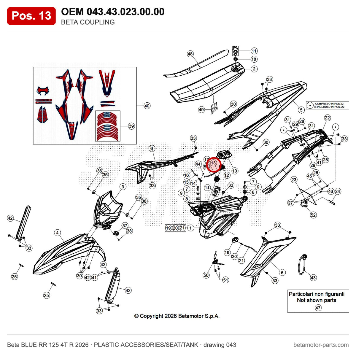 BETA COUPLING – OEM 043.43.023.00.00, position 13 on the Beta BLUE RR 125 4T R 2026 plastic accessories/seat/tank drawing