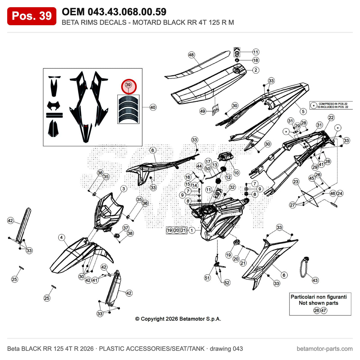 BETA RIMS DECALS - MOTARD BLACK RR 4T 125 R M – OEM 043.43.068.00.59, position 39 on the Beta BLACK RR 125 4T R 2026 plastic accessories/seat/tank drawing