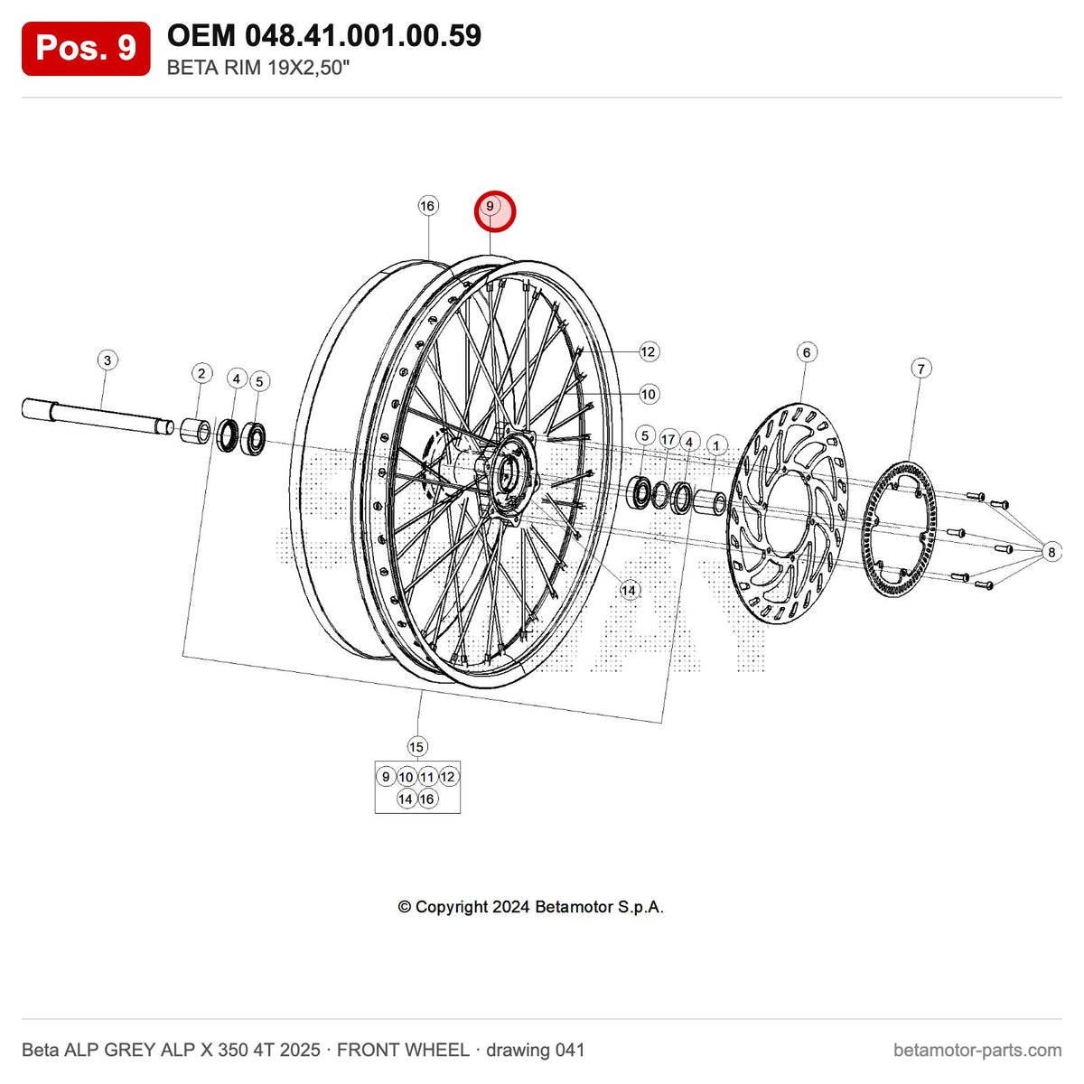 BETA RIM 19X2,50" – OEM 048.41.001.00.59, position 9 on the Beta ALP GREY ALP X 350 4T 2025 front wheel drawing