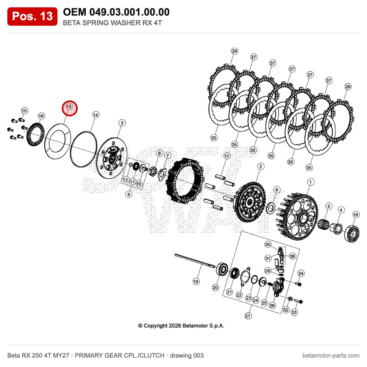 BETA SPRING WASHER 4T – OEM 049.03.001.00.00, position 13 on the Beta RX 250 4T MY27 primary gear cpl./clutch drawing