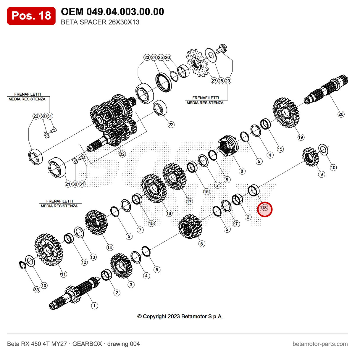 BETA SPACER 26X30X13 – OEM 049.04.003.00.00, position 18 on the Beta RX 450 4T MY27 gearbox drawing