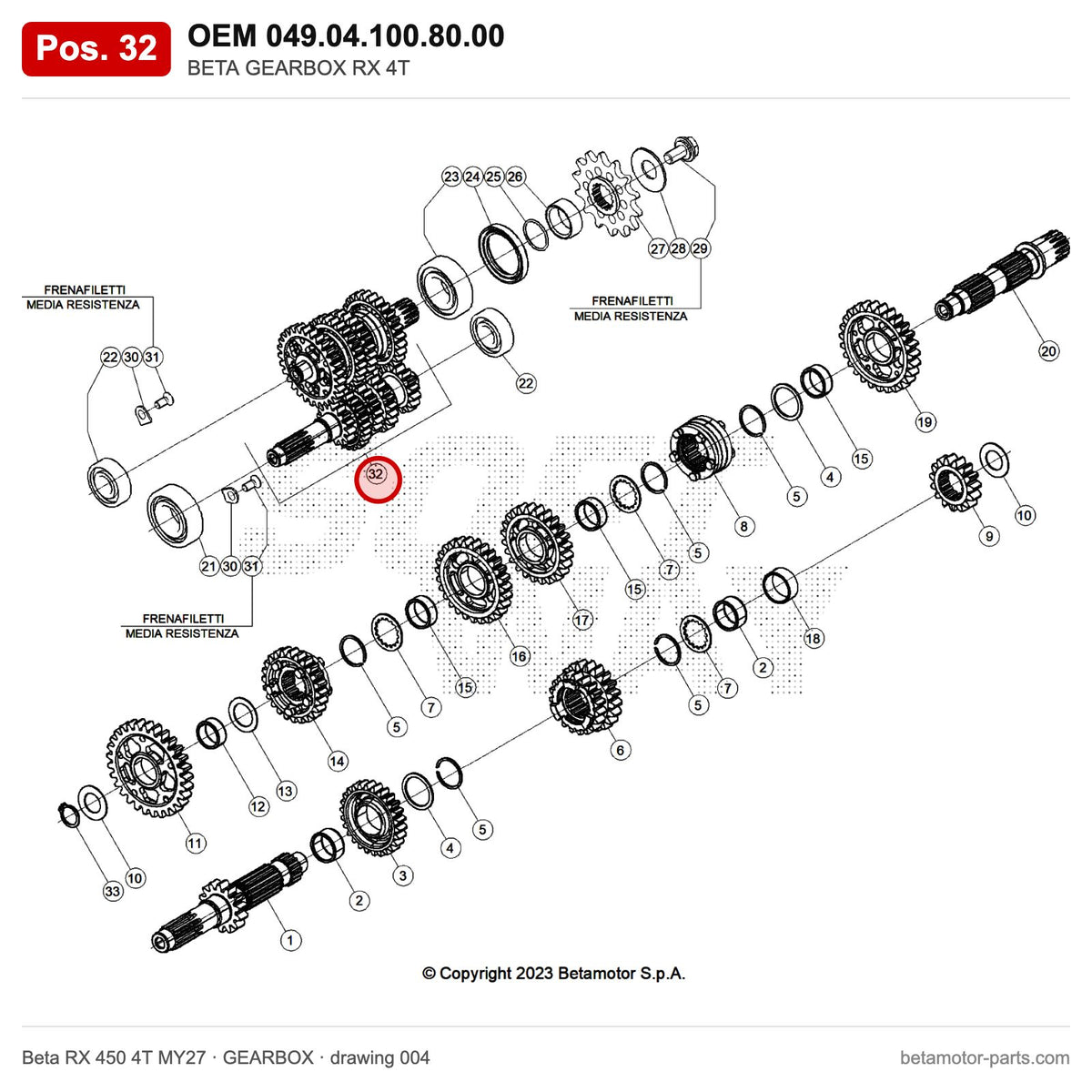 BETA GEARBOX RX 4T – OEM 049.04.100.80.00, position 32 on the Beta RX 450 4T MY27 gearbox drawing