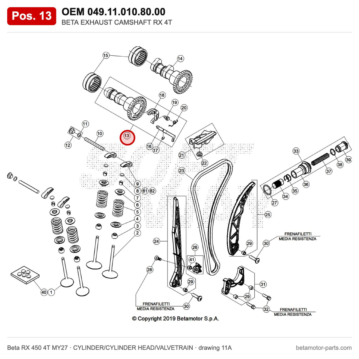 BETA EXHAUST CAMSHAFT RX 4T – OEM 049.11.010.80.00, position 13 on the Beta RX 450 4T MY27 cylinder/cylinder head/valvetrain drawing