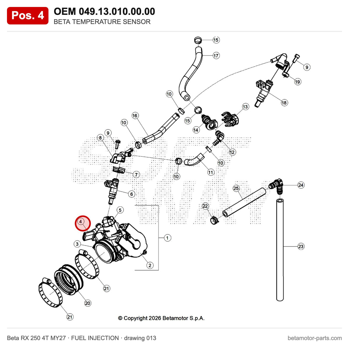 BETA TEMPERATURE SENSOR – OEM 049.13.010.00.00, position 4 on the Beta RX 250 4T MY27 fuel injection drawing