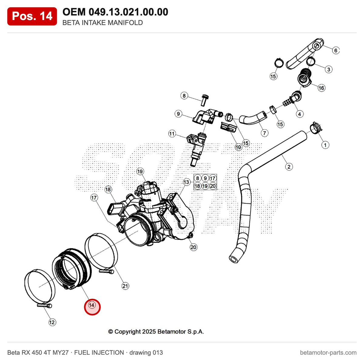 BETA INTAKE MANIFOLD – OEM 049.13.021.00.00, position 14 on the Beta RX 450 4T MY27 fuel injection drawing