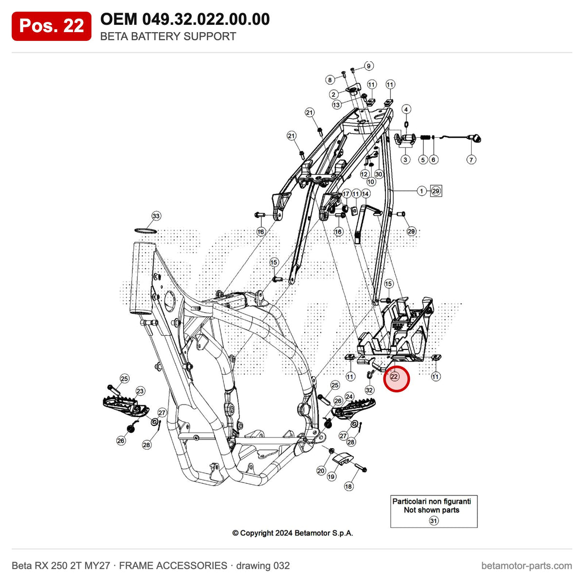 BETA BATTERY SUPPORT – OEM 049.32.022.00.00, position 22 on the Beta RX 250 2T MY27 frame accessories drawing