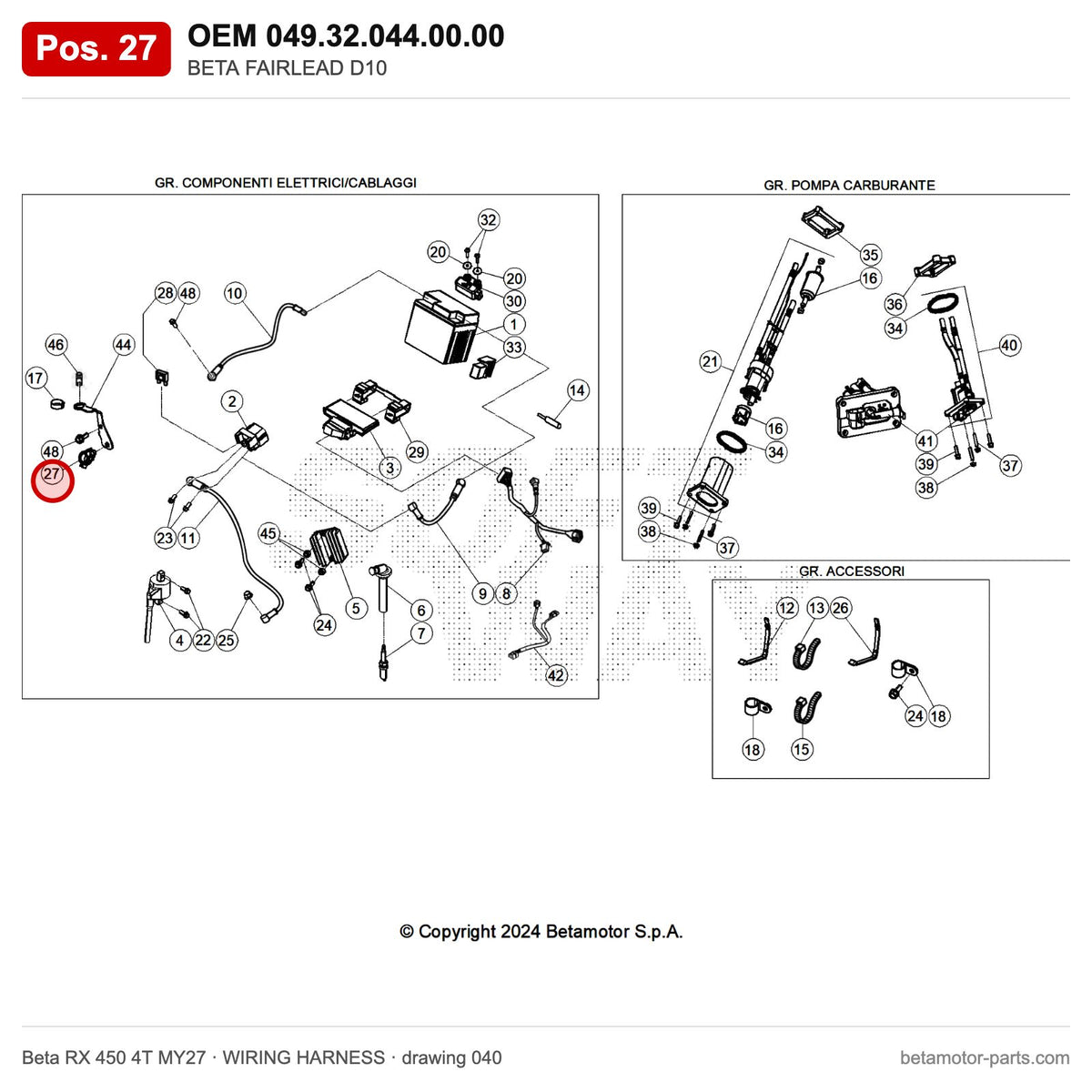 BETA FAIRLEAD D10 – OEM 049.32.044.00.00, position 27 on the Beta RX 450 4T MY27 wiring harness drawing