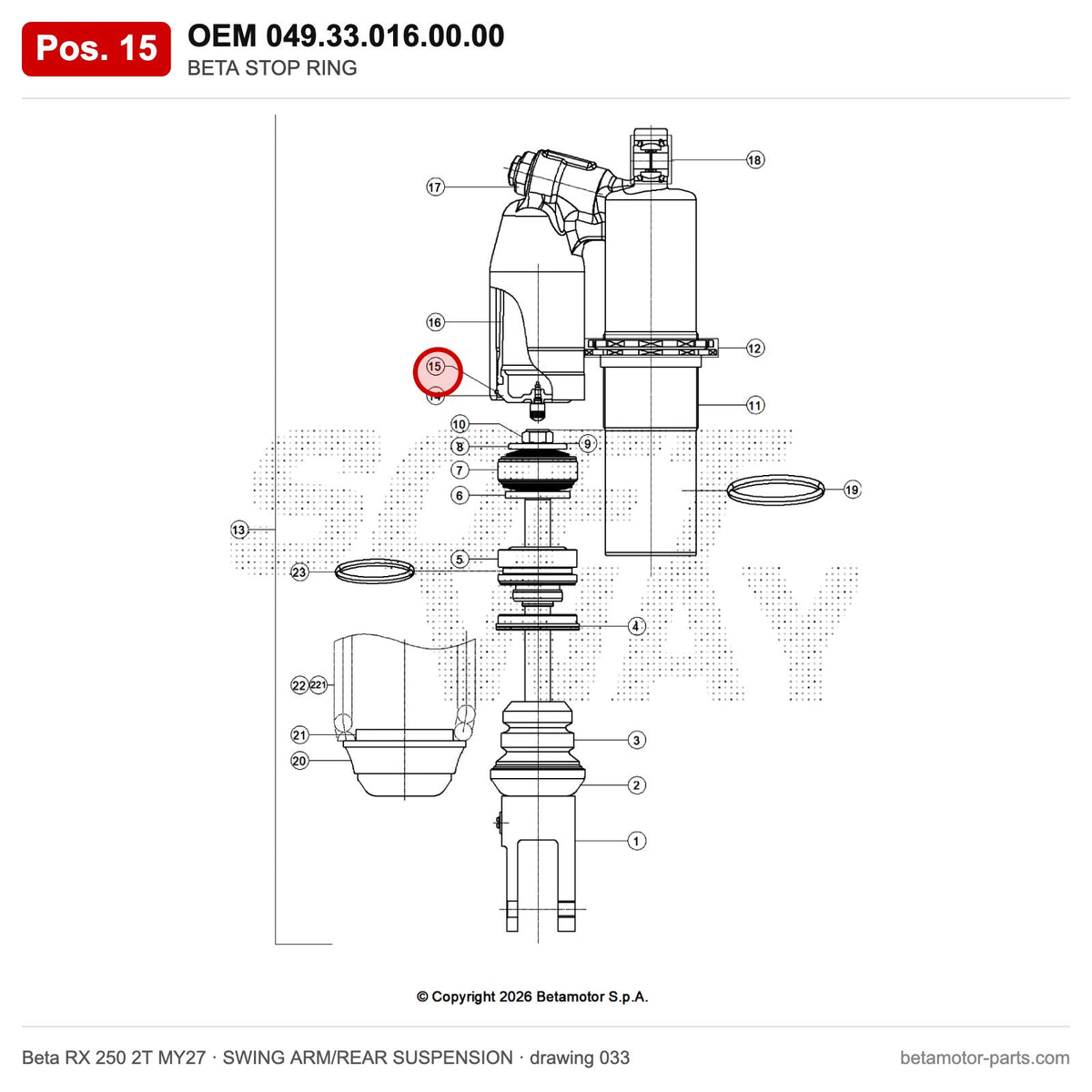 BETA STOP RING – OEM 049.33.016.00.00, position 15 on the Beta RX 250 2T MY27 swing arm/rear suspension drawing