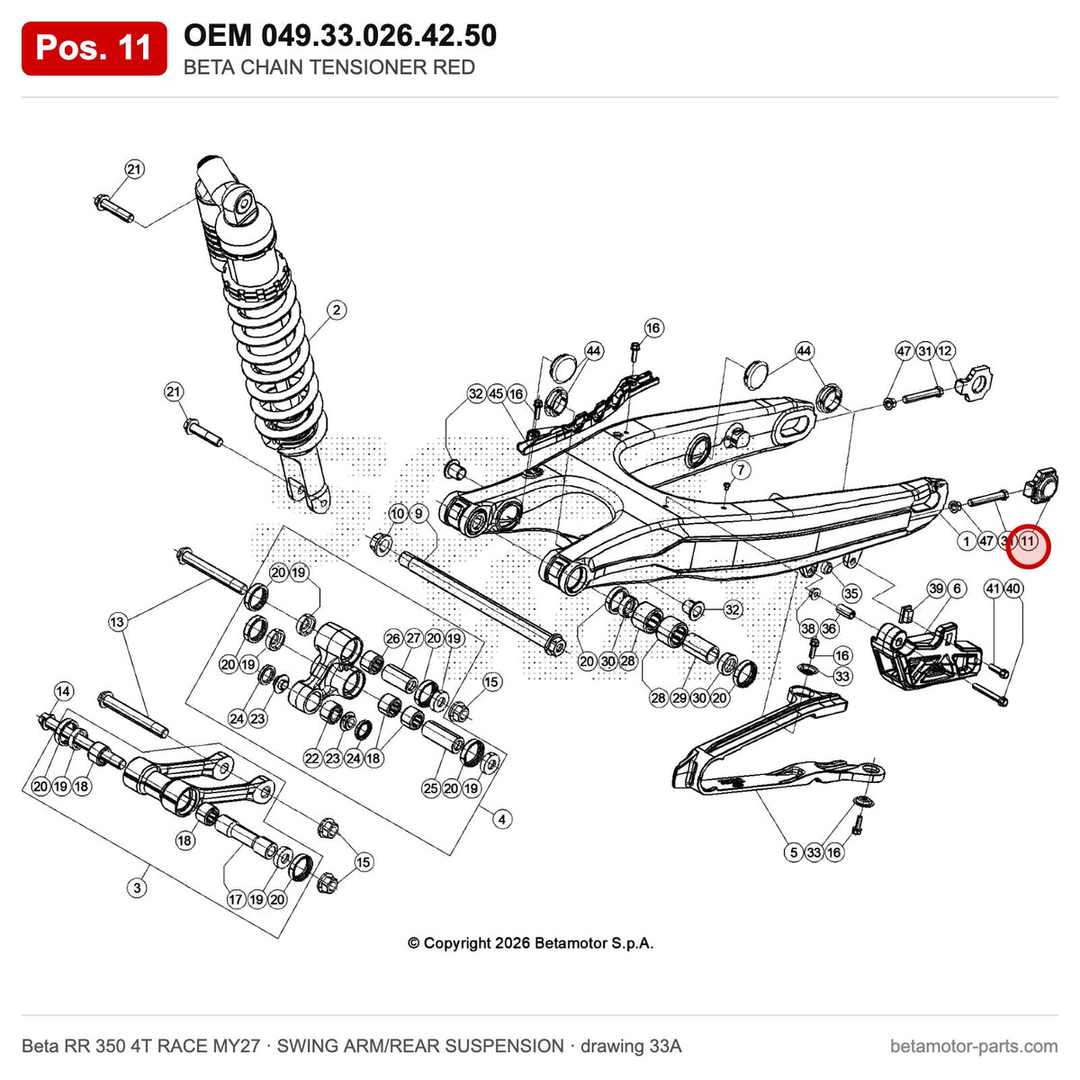 BETA CHAIN TENSIONER RED. – OEM 049.33.026.42.50, position 11 on the Beta RR 350 4T RACE MY27 swing arm/rear suspension drawing