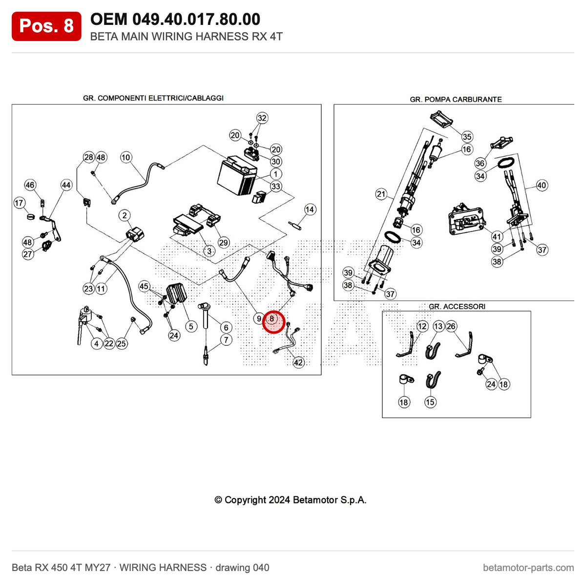 BETA MAIN WIRING HARNESS RX 4T – OEM 049.40.017.80.00, position 8 on the Beta RX 450 4T MY27 wiring harness drawing