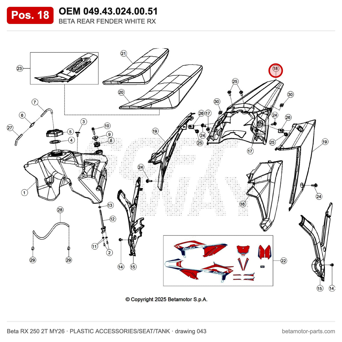 BETA REAR FENDER WHITE RX – OEM 049.43.024.00.51, position 18 on the Beta RX 250 2T MY26 plastic accessories/seat/tank drawing