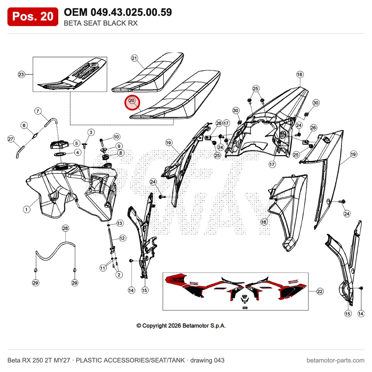 BETA SEAT BLACK RX – OEM 049.43.025.00.59, position 20 on the Beta RX 250 2T MY27 plastic accessories/seat/tank drawing