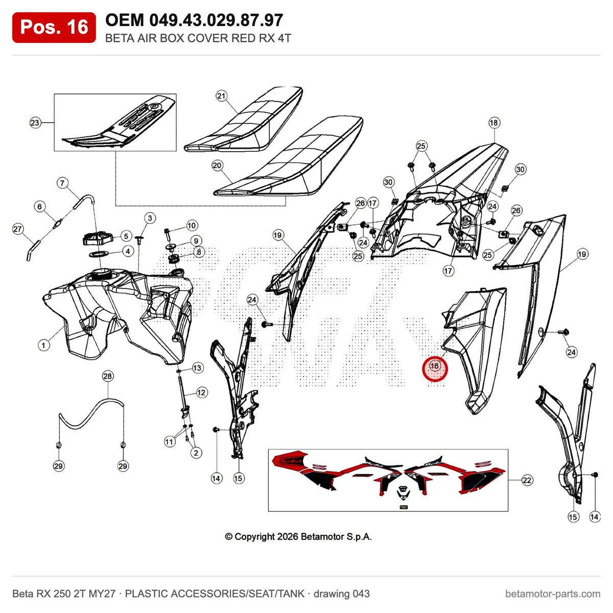 BETA AIR BOX COVER RED RX 4T – OEM 049.43.029.87.97, position 16 on the Beta RX 250 2T MY27 plastic accessories/seat/tank drawing