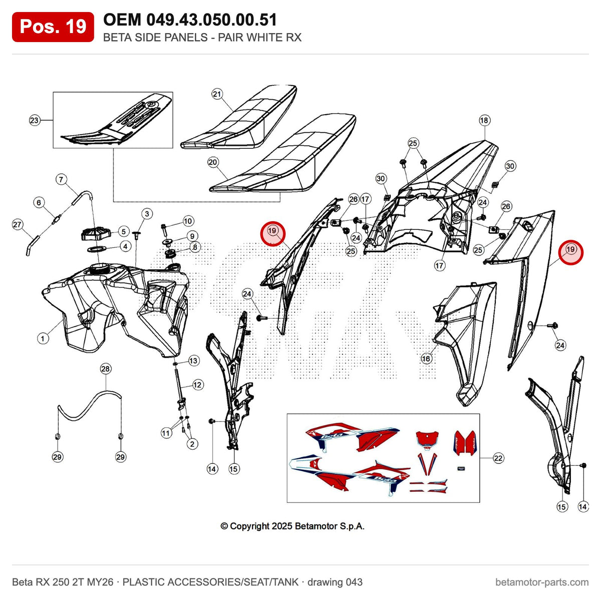 BETA SIDE PANELS - PAIR WHITE RX – OEM 049.43.050.00.51, position 19 on the Beta RX 250 2T MY26 plastic accessories/seat/tank drawing