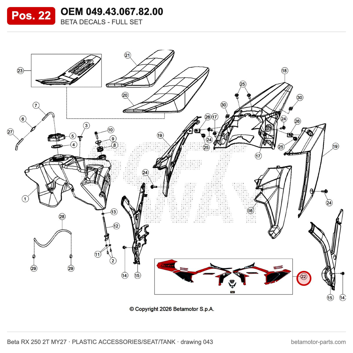 BETA DECALS - FULL SET – OEM 049.43.067.82.00, position 22 on the Beta RX 250 2T MY27 plastic accessories/seat/tank drawing