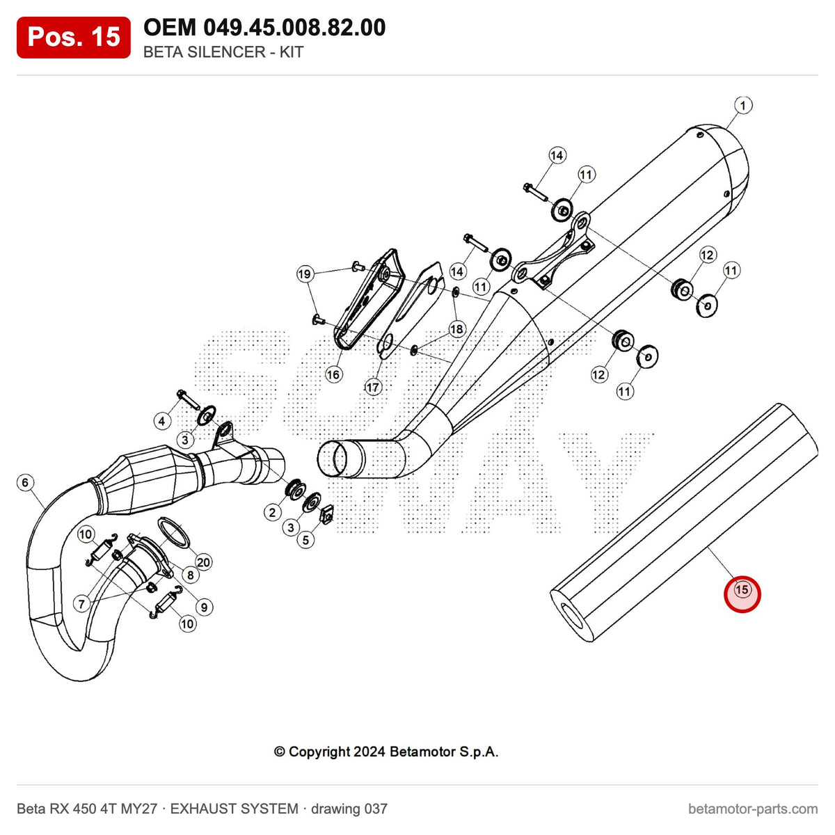 BETA SILENCER - KIT – OEM 049.45.008.82.00, position 15 on the Beta RX 450 4T MY27 exhaust system drawing