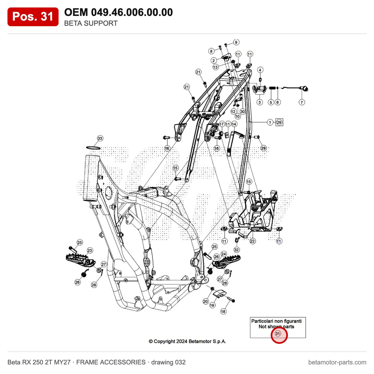 BETA SUPPORT – OEM 049.46.006.00.00, position 31 on the Beta RX 250 2T MY27 frame accessories drawing