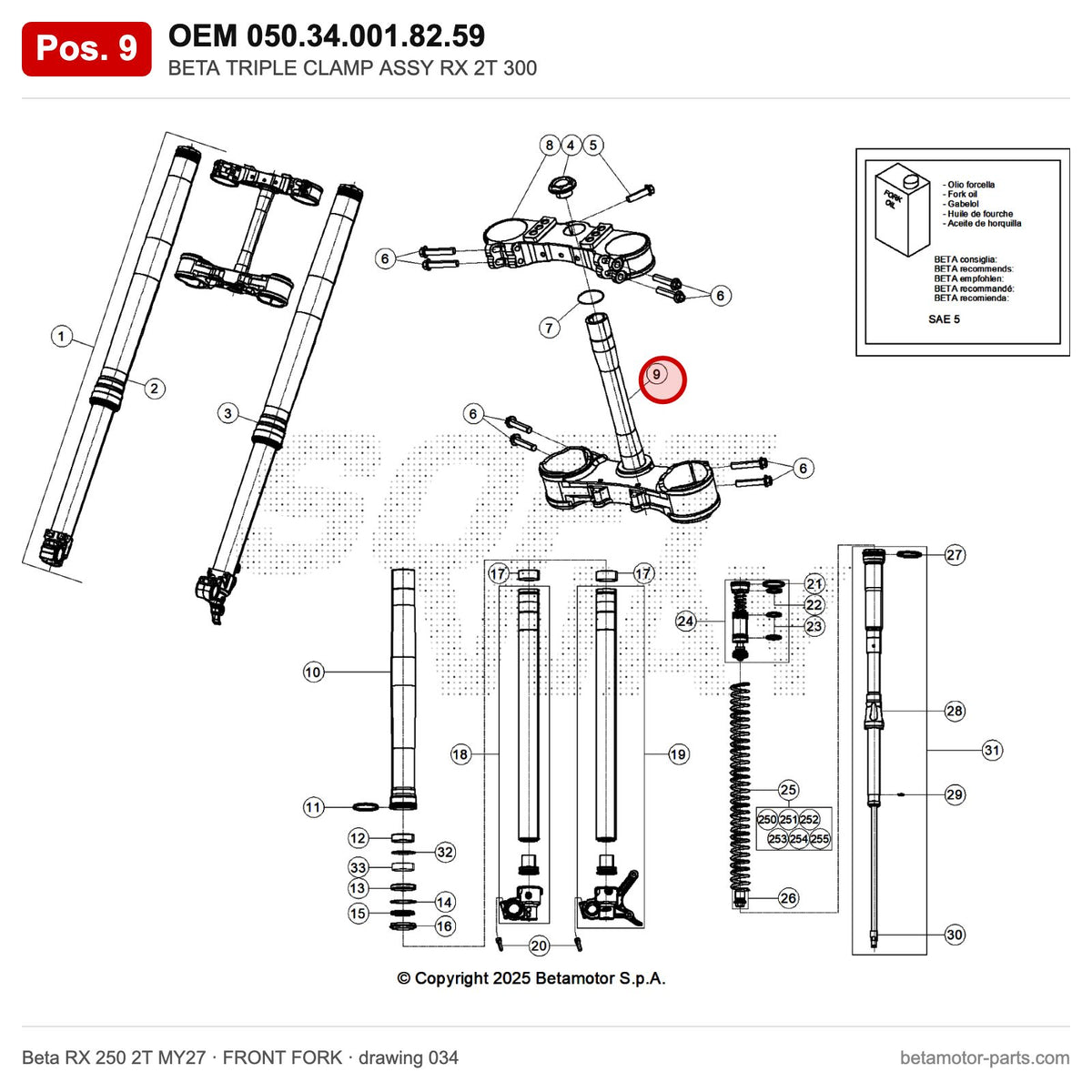 BETA TRIPLE CLAMP ASSY RX 2T 300 – OEM 050.34.001.82.59, position 9 on the Beta RX 250 2T MY27 front fork drawing