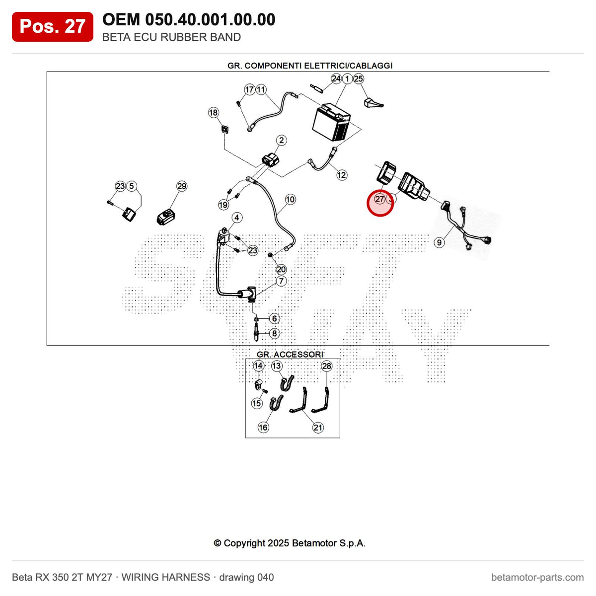 BETA ECU RUBBER BAND – OEM 050.40.001.00.00, position 27 on the Beta RX 350 2T MY27 wiring harness drawing