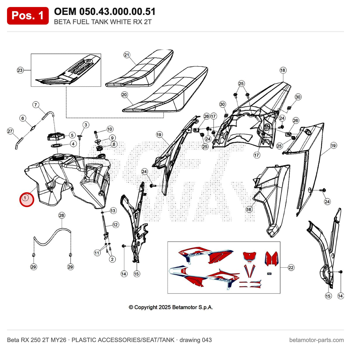 BETA FUEL TANK WHITE RX 2T – OEM 050.43.000.00.51, position 1 on the Beta RX 250 2T MY26 plastic accessories/seat/tank drawing