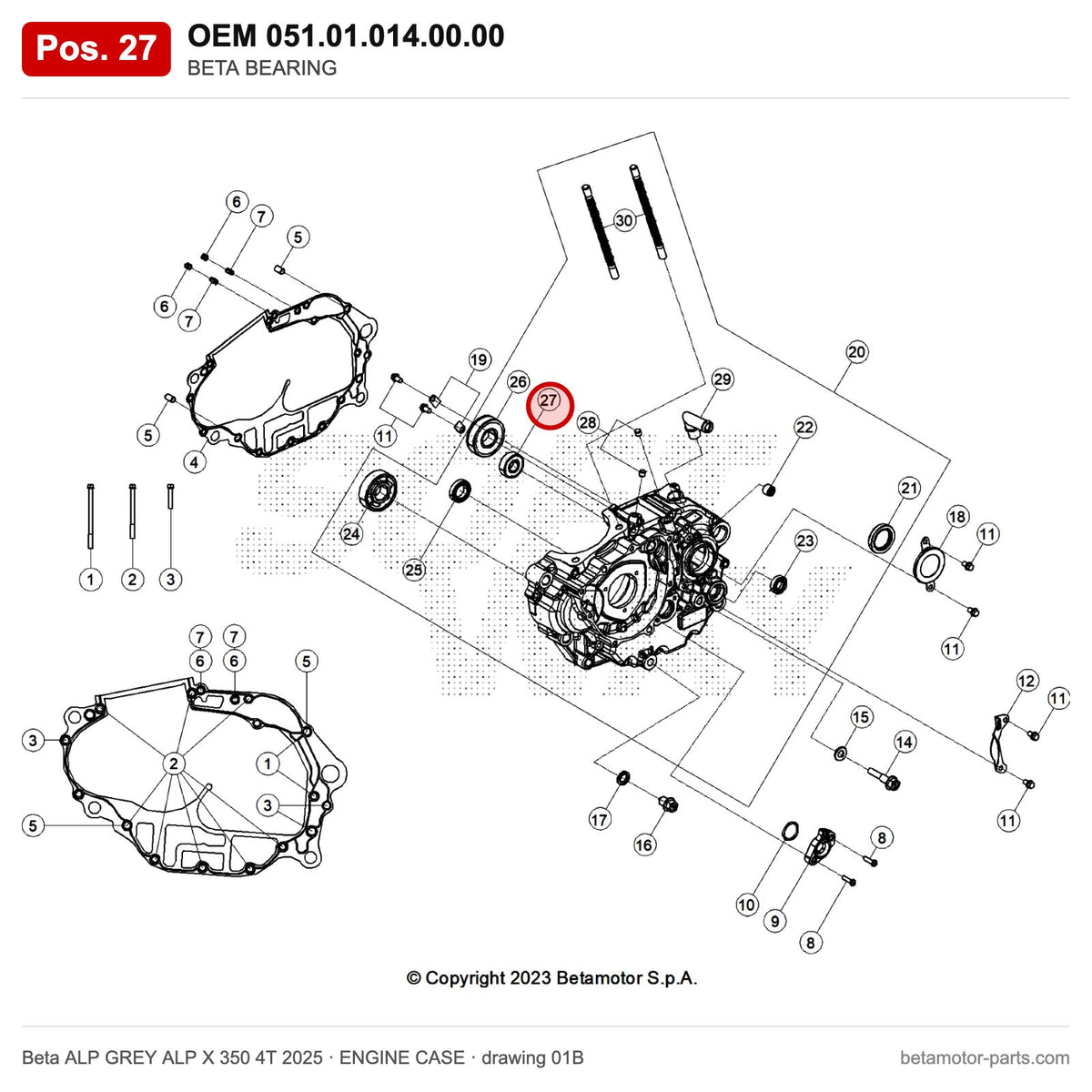 BETA BEARING – OEM 051.01.014.00.00, position 27 on the Beta ALP GREY ALP X 350 4T 2025 engine case drawing