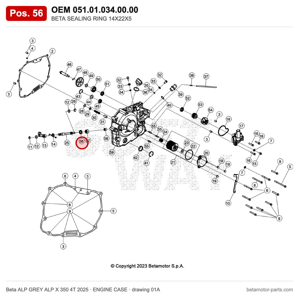 BETA SEALING RING 14X22X5 – OEM 051.01.034.00.00, position 56 on the Beta ALP GREY ALP X 350 4T 2025 engine case drawing