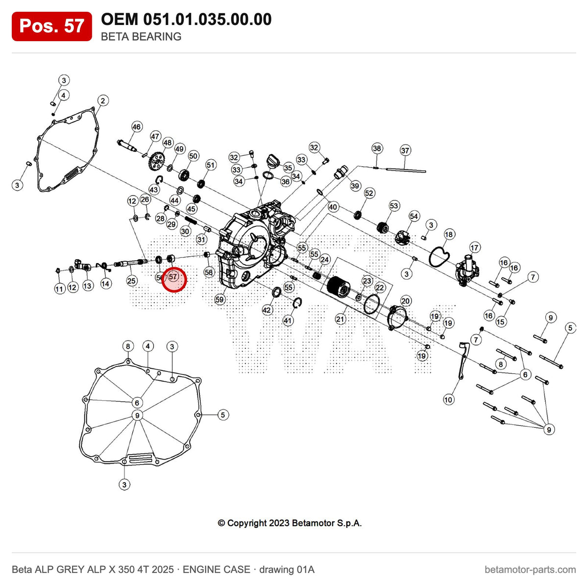 BETA BEARING – OEM 051.01.035.00.00, position 57 on the Beta ALP GREY ALP X 350 4T 2025 engine case drawing