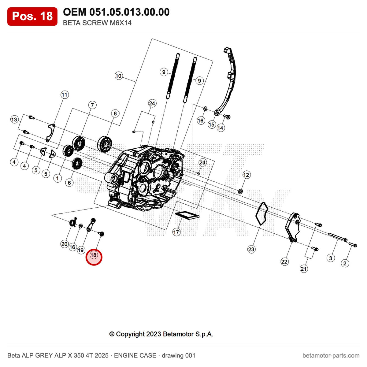 BETA SCREW M6X14 – OEM 051.05.013.00.00, position 18 on the Beta ALP GREY ALP X 350 4T 2025 engine case drawing