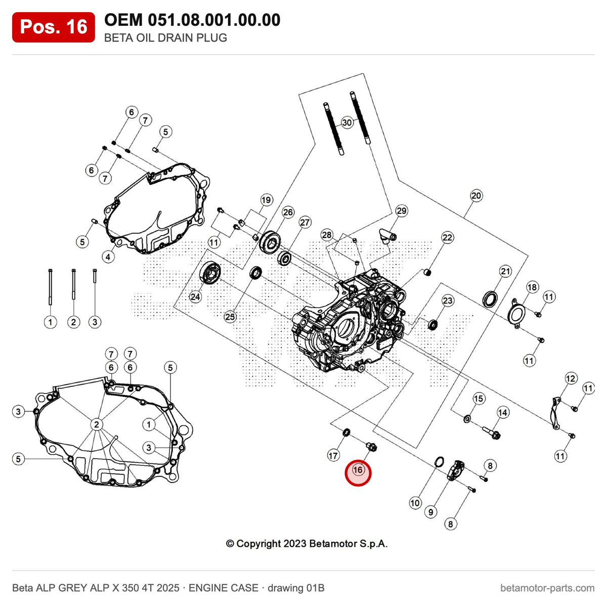 BETA OIL DRAIN PLUG – OEM 051.08.001.00.00, position 16 on the Beta ALP GREY ALP X 350 4T 2025 engine case drawing