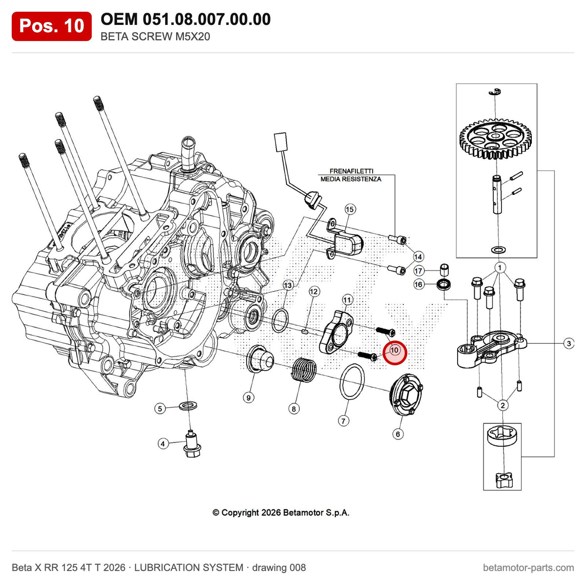 BETA SCREW M5X20 – OEM 051.08.007.00.00, position 10 on the Beta X RR 125 4T T 2026 lubrication system drawing