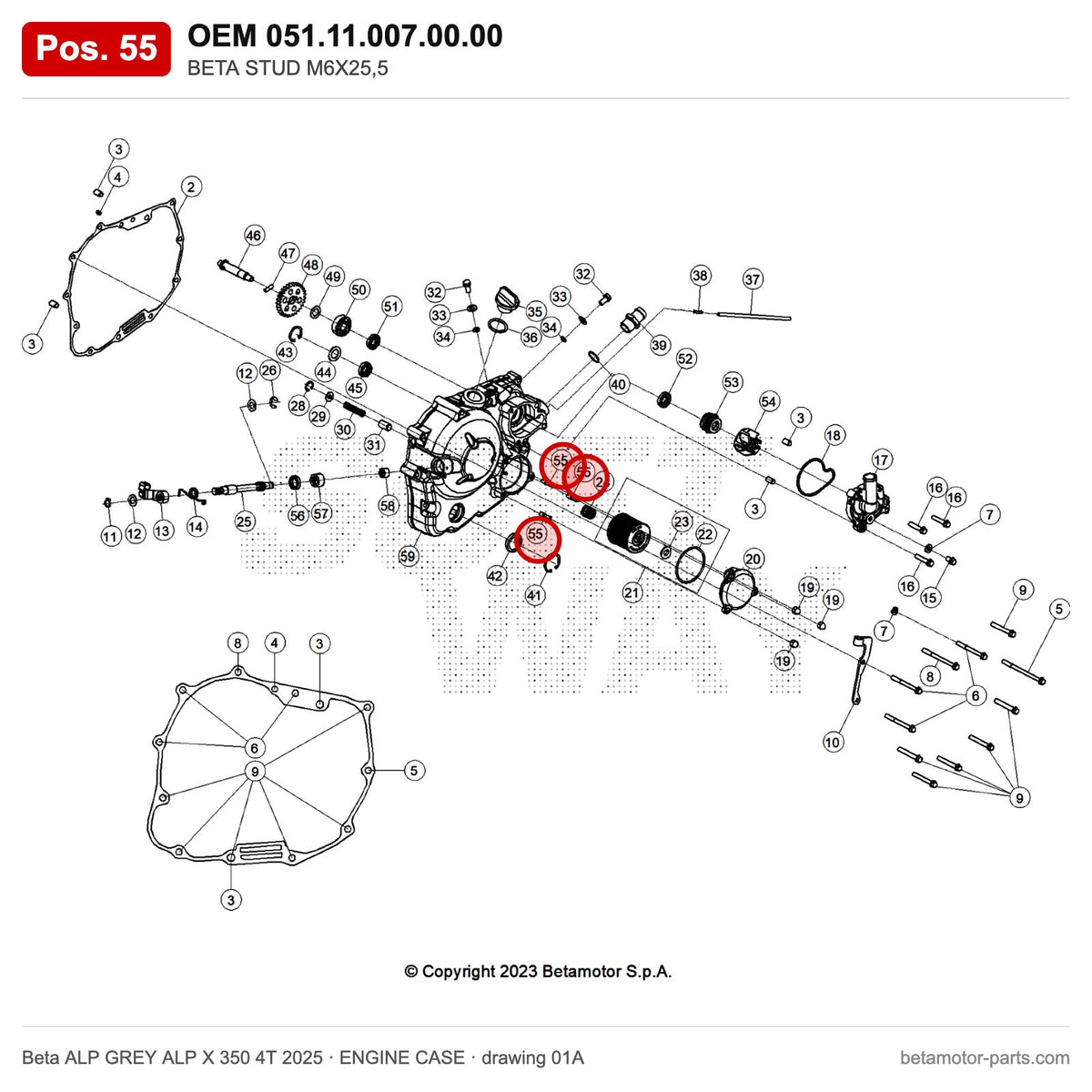 BETA STUD M6X25,5 – OEM 051.11.007.00.00, position 55 on the Beta ALP GREY ALP X 350 4T 2025 engine case drawing