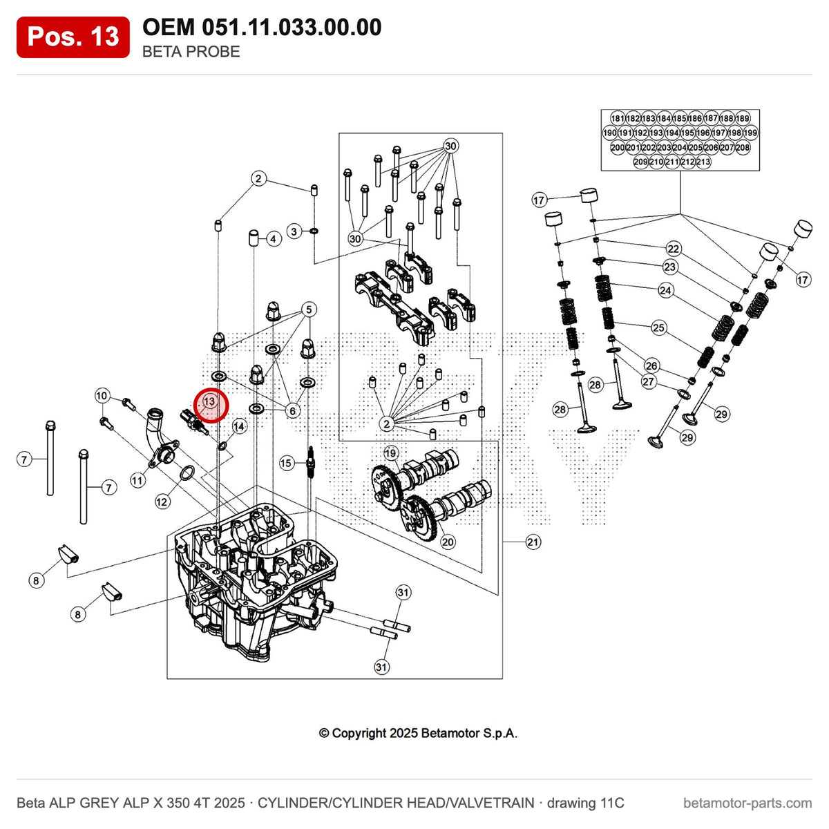 BETA PROBE – OEM 051.11.033.00.00, position 13 on the Beta ALP GREY ALP X 350 4T 2025 cylinder/cylinder head/valvetrain drawing