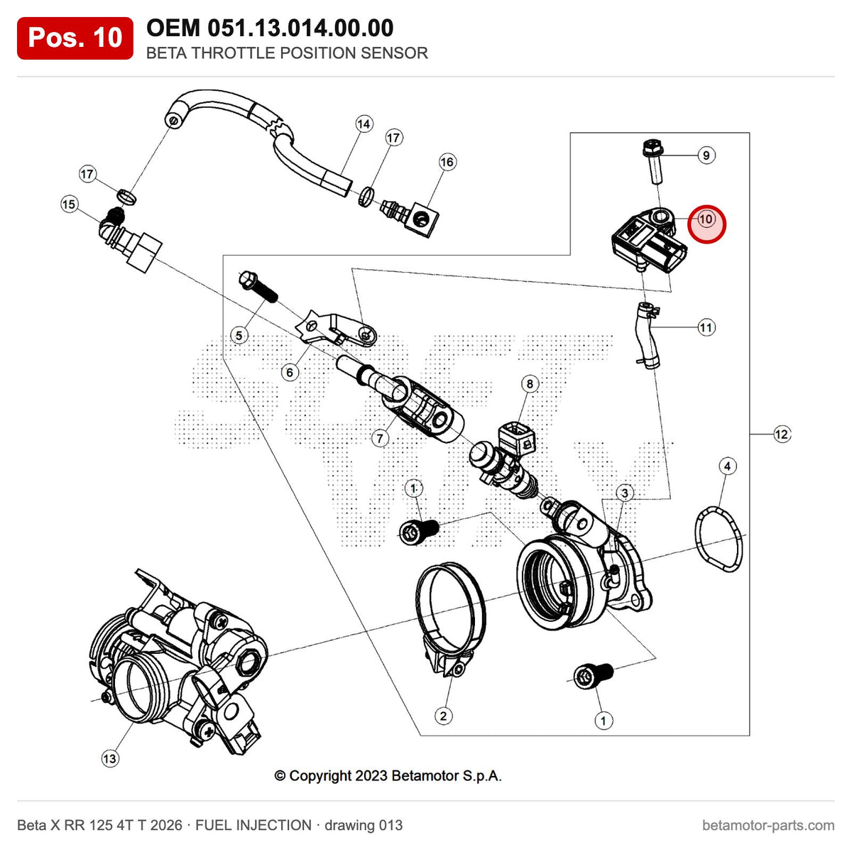 BETA PRESSURE SENSOR – OEM 051.13.014.00.00, position 10 on the Beta X RR 125 4T T 2026 fuel injection drawing