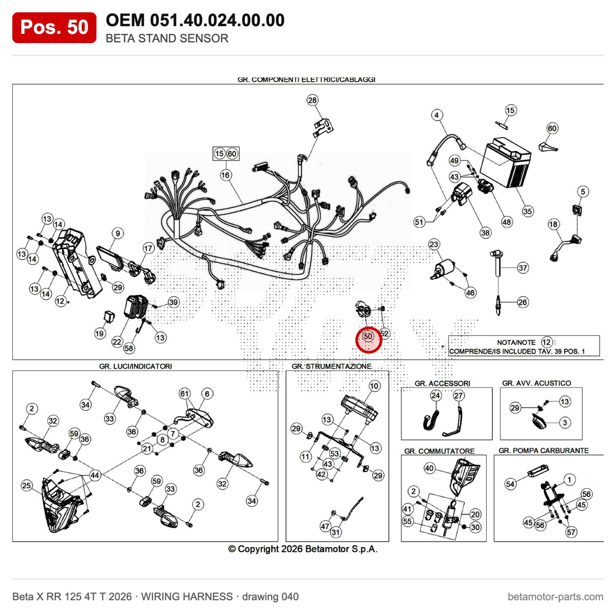 BETA STAND SENSOR – OEM 051.40.024.00.00, position 50 on the Beta X RR 125 4T T 2026 wiring harness drawing