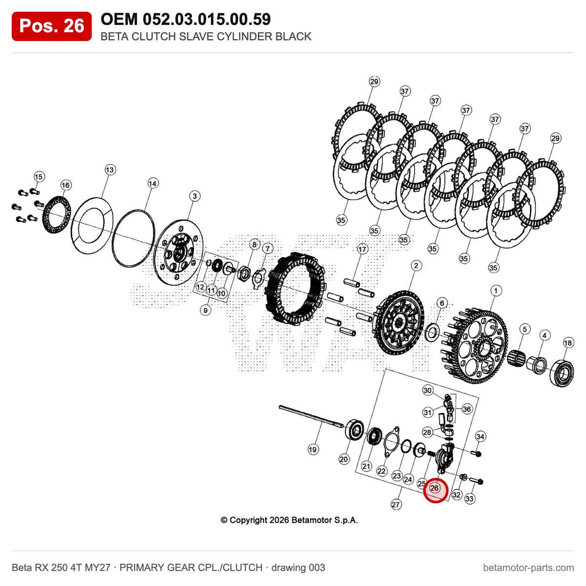 BETA CLUTCH SLAVE CYLINDER BLACK – OEM 052.03.015.00.59, position 26 on the Beta RX 250 4T MY27 primary gear cpl./clutch drawing