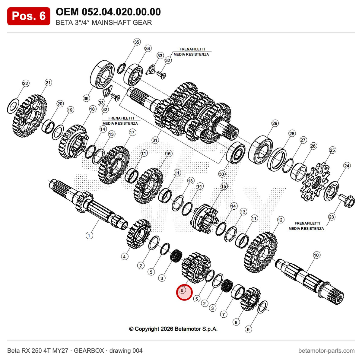 BETA 3°/4° MAINSHAFT GEAR – OEM 052.04.020.00.00, position 6 on the Beta RX 250 4T MY27 gearbox drawing