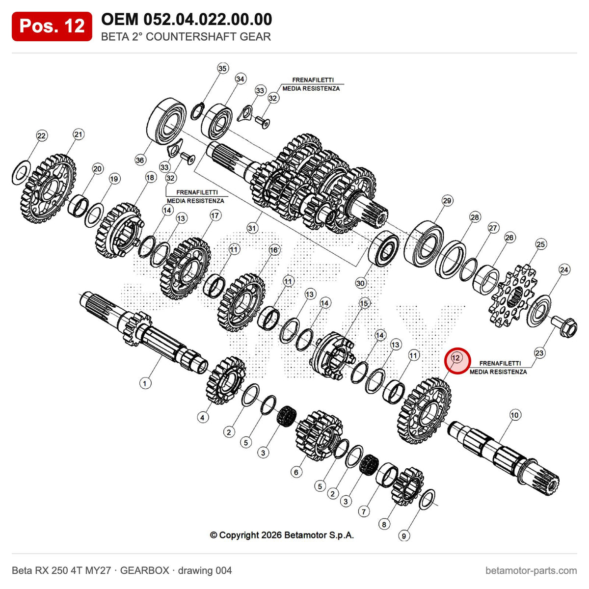 BETA 2° COUNTERSHAFT GEAR – OEM 052.04.022.00.00, position 12 on the Beta RX 250 4T MY27 gearbox drawing