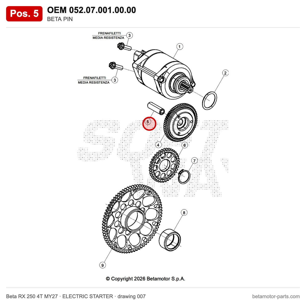 BETA PIN – OEM 052.07.001.00.00, position 5 on the Beta RX 250 4T MY27 elettricstarter drawing
