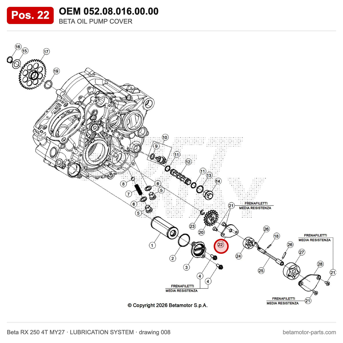BETA OIL PUMP COVER – OEM 052.08.016.00.00, position 22 on the Beta RX 250 4T MY27 lubrication system drawing