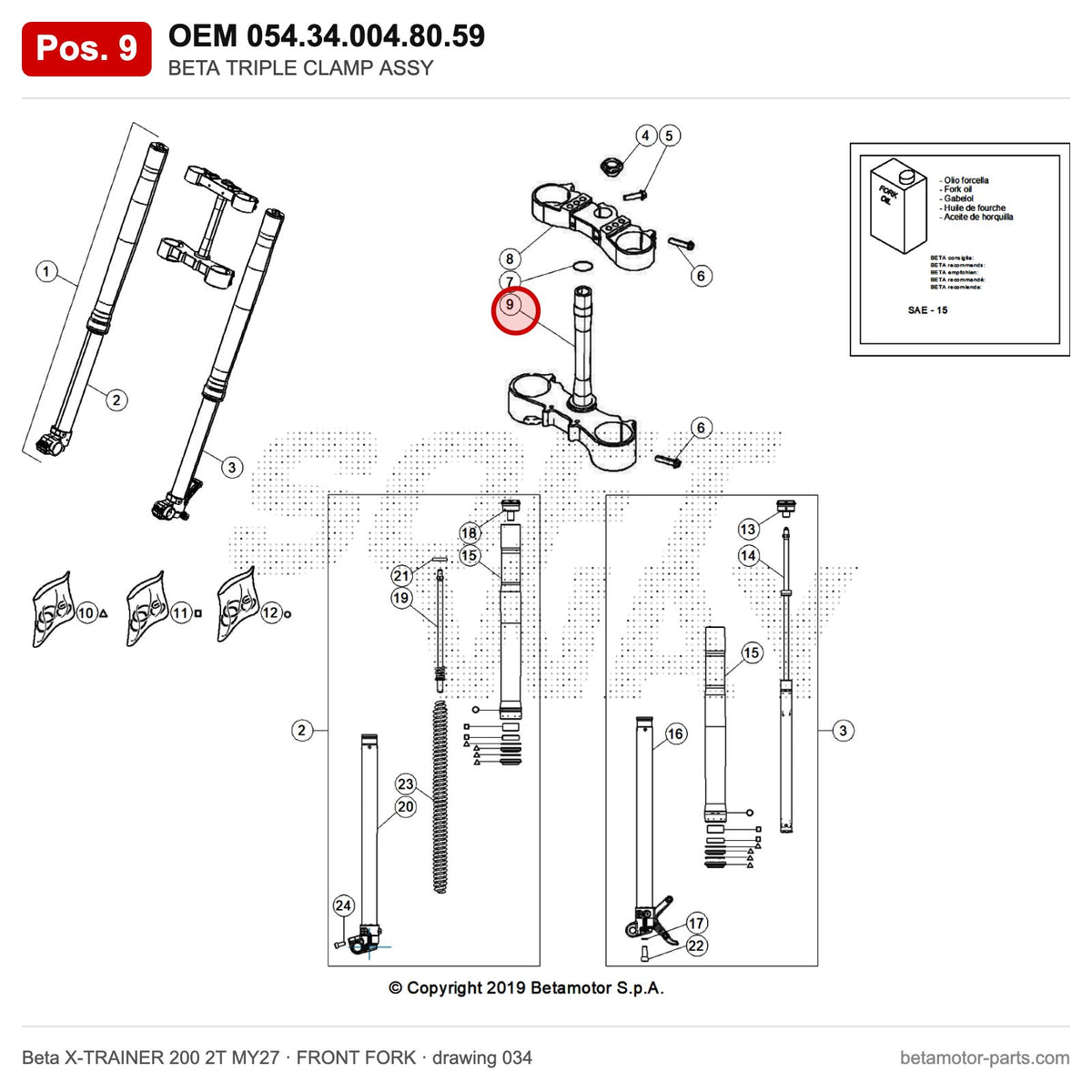 BETA TRIPLE CLAMP ASSY – OEM 054.34.004.80.59, position 9 on the Beta X-TRAINER 200 2T MY27 front fork drawing