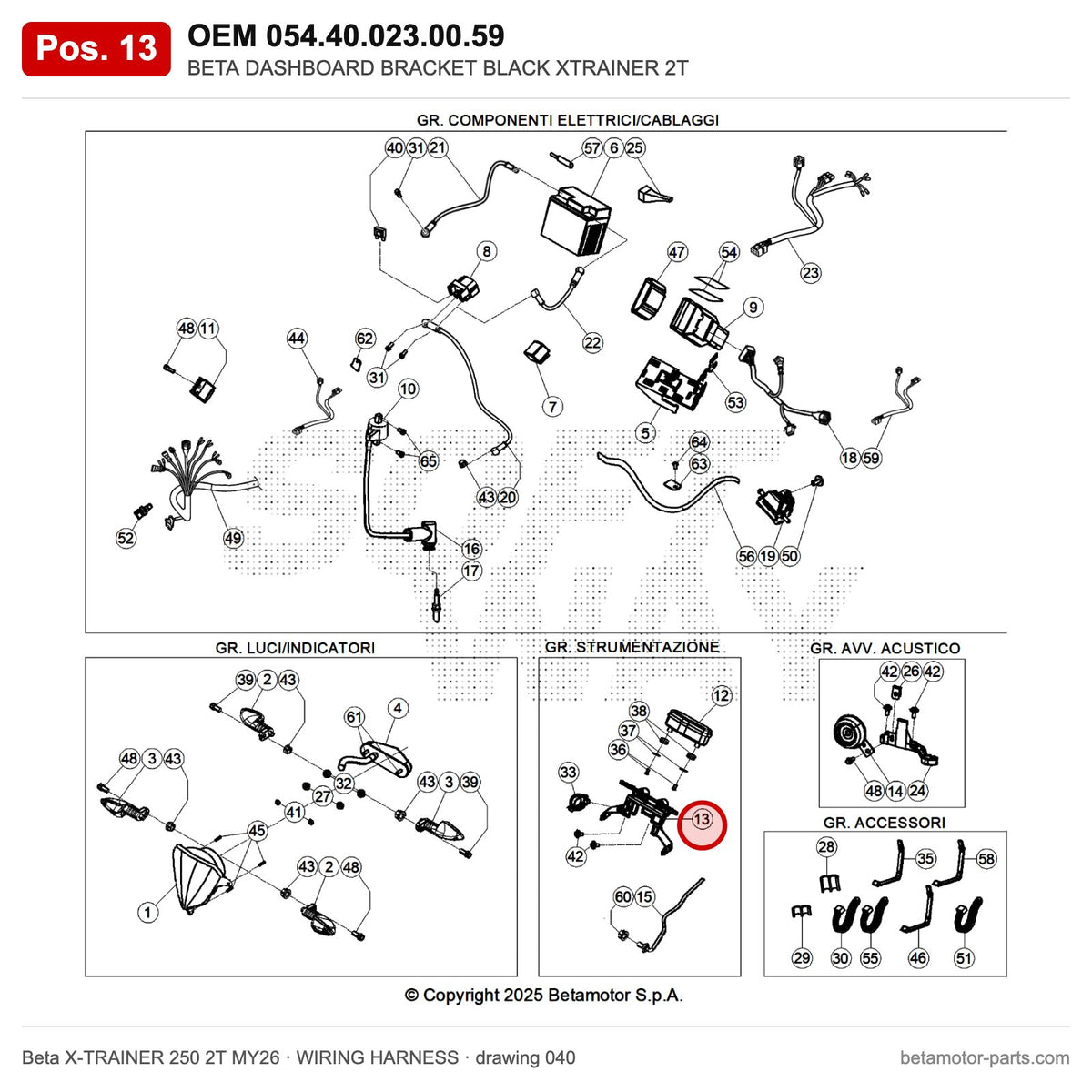 BETA DASHBOARD BRACKET BLACK XTRAINER 2T – OEM 054.40.023.00.59, position 13 on the Beta X-TRAINER 250 2T MY26 wiring harness drawing