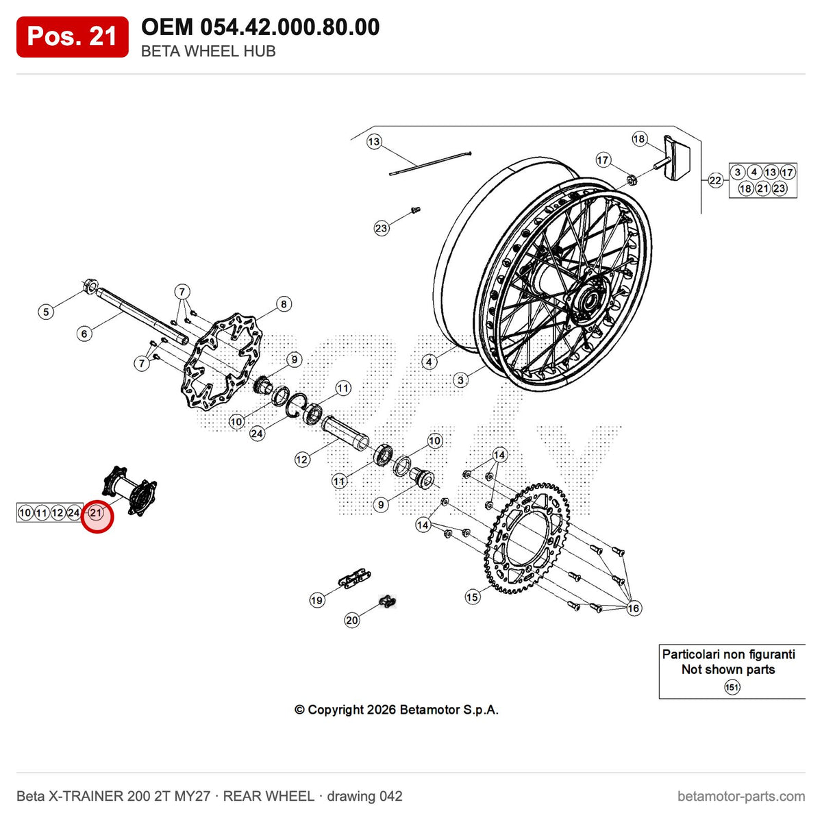 BETA WHEEL HUB – OEM 054.42.000.80.00, position 21 on the Beta X-TRAINER 200 2T MY27 rear wheel drawing
