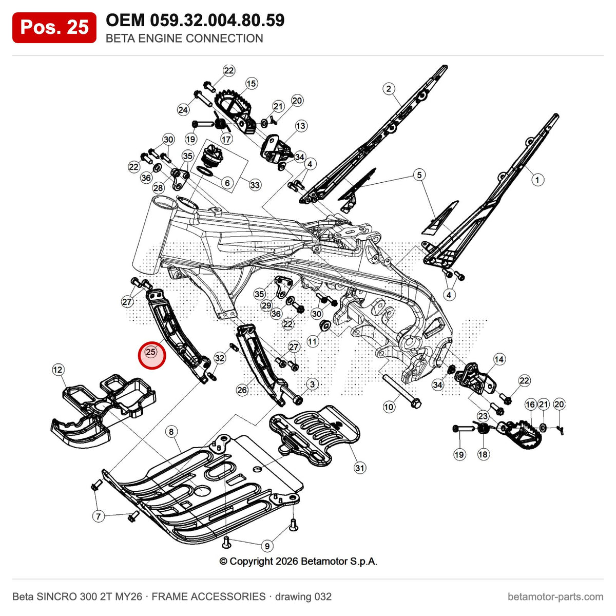 BETA ENGINE CONNECTION – OEM 059.32.004.80.59, position 25 on the Beta SINCRO 300 2T MY26 frame accessories drawing