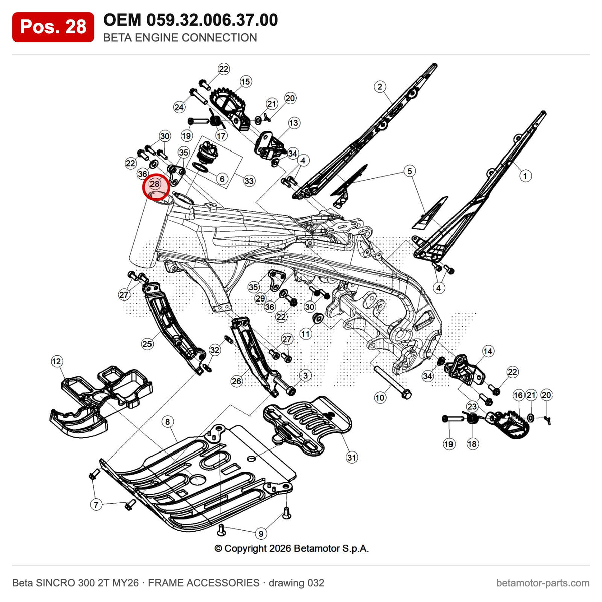 BETA ENGINE CONNECTION – OEM 059.32.006.37.00, position 28 on the Beta SINCRO 300 2T MY26 frame accessories drawing