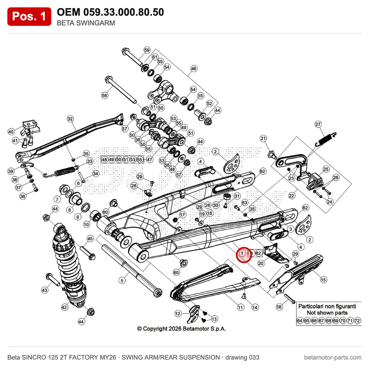 BETA SWINGARM – OEM 059.33.000.80.50, position 1 on the Beta SINCRO 125 2T FACTORY MY26 swing arm/rear suspension drawing